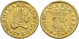 FERNANDO VI. 1/2 escudo. 1750. Sevilla. PJ. AU 1,75 g. 15 mm. VI-424. R.B.O. EBC-.