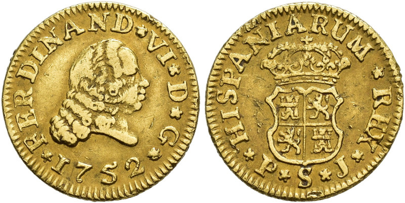 FERNANDO VI. 1/2 escudo. 1752. Sevilla. PJ. AU 1,75 g. 15 mm. VI-426. Pequeñas m...