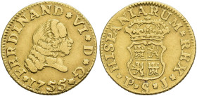 FERNANDO VI. 1/2 escudo. 1755. Sevilla. PJ. AU 1,61 g. 14,3 mm. VI-429. MBC.