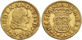 FERNANDO VI. 1/2 escudo. 1757. Sevilla. JV. AU 1,77 g. 14,7 mm. VI-433. MBC-/MBC+.