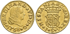 FERNANDO VI. 1/2 escudo. 1758. Sevilla. JV. Estrellas. AU 1,77 g. 14,1 mm. VI-435. R.B.O. EBC.