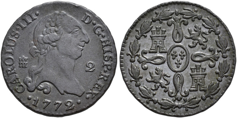 CARLOS III. 2 maravedís. 1772. Segovia. AE 2,3 g. 18,4 mm. VI-28. MBC+/EBC-.