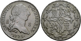CARLOS III. 8 maravedís. 1775. Segovia. AE 11,7 g. 31 mm. VI-59. Pequeñas marcas. MBC/EBC-.