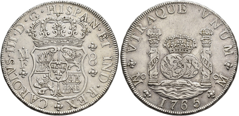 CARLOS III. 8 reales. 1765. México. MF. AR 27,11 g. 39 mm. VI-923. MBC+/MBC.