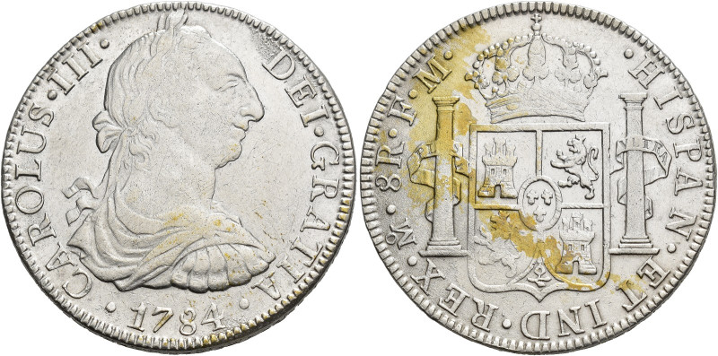 CARLOS III. 8 reales. 1784. México. FM. AR 26,86 g. 38,7 mm. VI-949. Rayitas. MB...