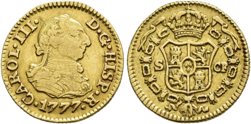 CARLOS III. 1/2 escudo. 1777. Sevilla. CF. AU 1,74 g. 15,1 mm. VI-1086. MBC/MBC+...