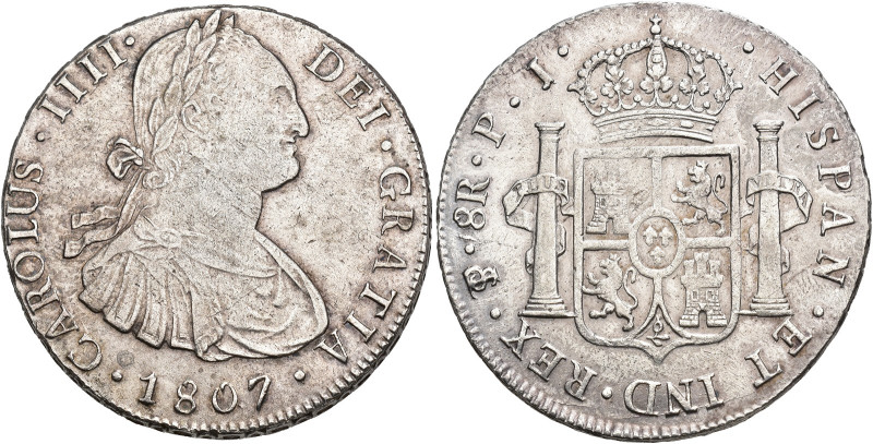 CARLOS IV. 8 reales. 1807. Potosí. PJ. AR 26,95 g. 39,3 mm. VI-827. Pequeñas mar...