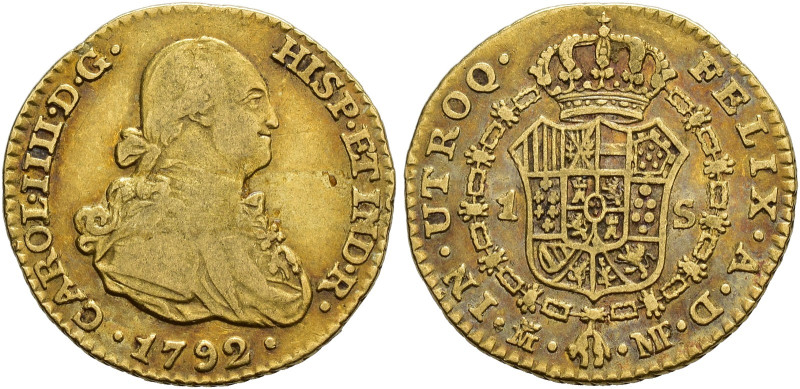 CARLOS IV. 1 escudo. 1792. Madrid. MF. AU 3,3 g. 17,6 mm. VI-907. Hojita. MBC.