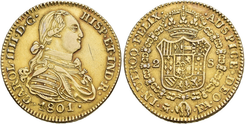 CARLOS IV. 2 escudos. 1801. Madrid. FA. Platino 6,59 g. 21,6 mm. Falsa de época ...