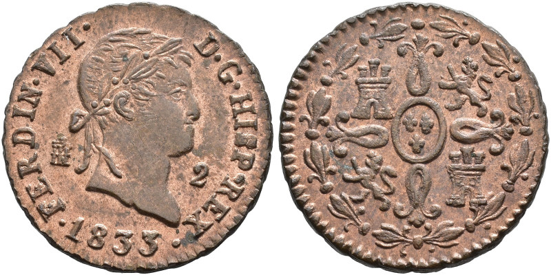 FERNANDO VII. 2 maravedís. 1833. Segovia. AE 2,75 g. 19 mm. VI-150. B.O. EBC+.