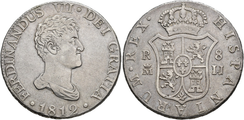 FERNANDO VII. 8 reales. 1812. Madrid. IJ. AR 27,05 g. 38,2 mm. VI-1060. Pequeñas...