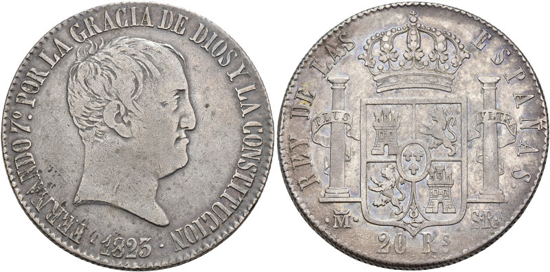 FERNANDO VII. 20 reales. 1823. Madrid. SR. AR 26,82 g. 37,6 mm. VI-1077. Pequeña...