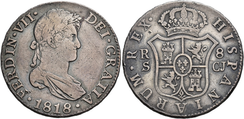 FERNANDO VII. 8 reales. 1818. Sevilla. CJ. AR 26,62 g. 33,6 mm. VI-1170. Raya y ...