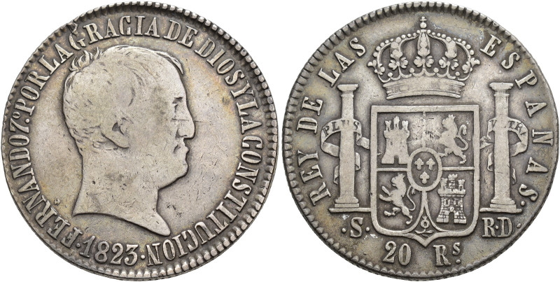 FERNANDO VII. 20 reales. 1823. Sevilla. RD. AR 26,81 g. 32,9 mm. VI-1174. Ligera...