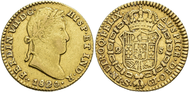 FERNANDO VII. 2 escudos. 1820. Sevilla. CJ. AU 6,7 g. 17,3 mm. VI-1389. Rayita e...