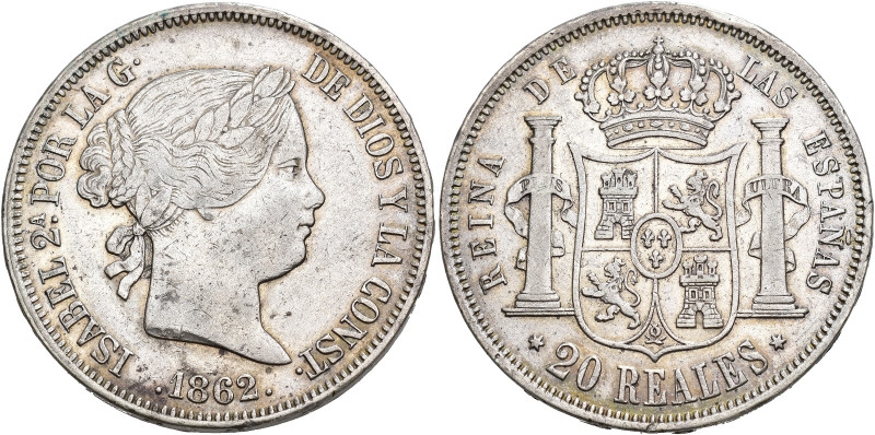 ISABEL II. 20 reales. 1862. Madrid. AR 25,72 g. 37,3 mm. VI-518. MBC. Escasa.