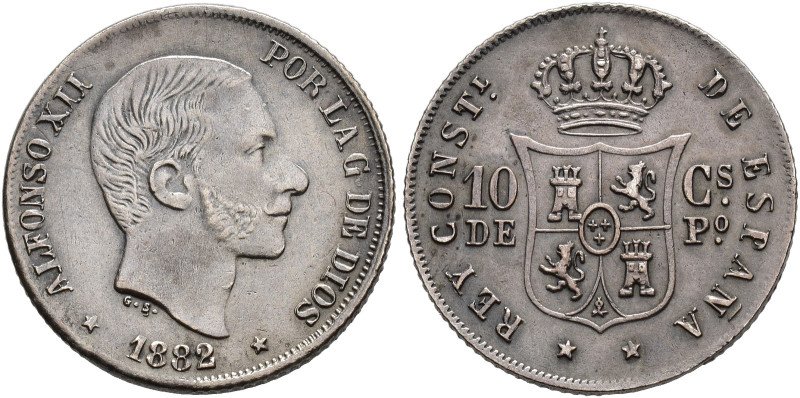 ALFONSO XII. 10 centavos de peso. 1882. Manila. AR 2,52 g. 18,2 mm. VII-53. Anv....