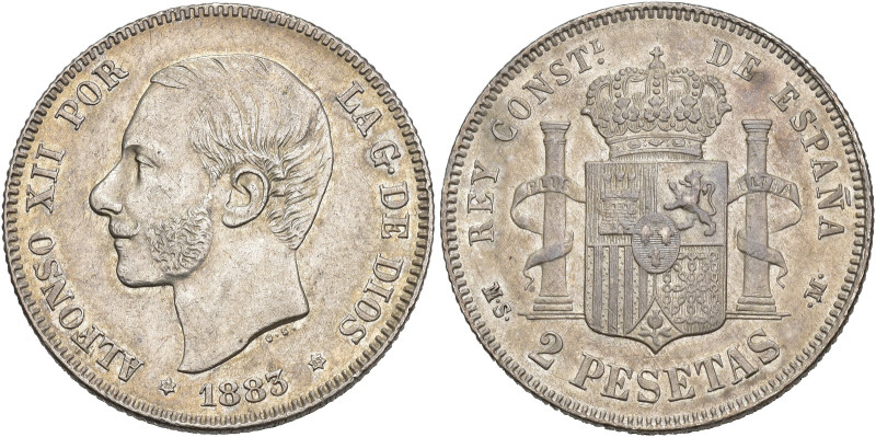 ALFONSO XII. 2 pesetas. 1883*18-83. Madrid. MSM. AR 9,92 g. 27,1 mm. VII-73. B.O...