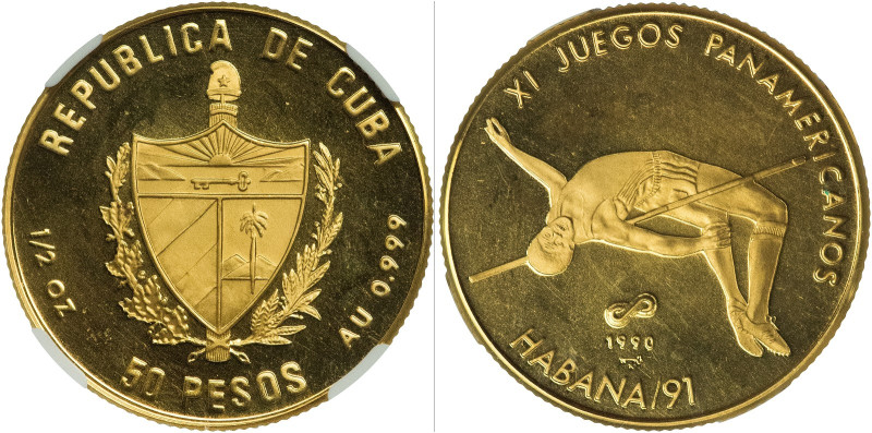 CUBA. 50 pesos. 1990. XI Juegos Panamericanos. Salto de altura AU g. mm. KM-322....