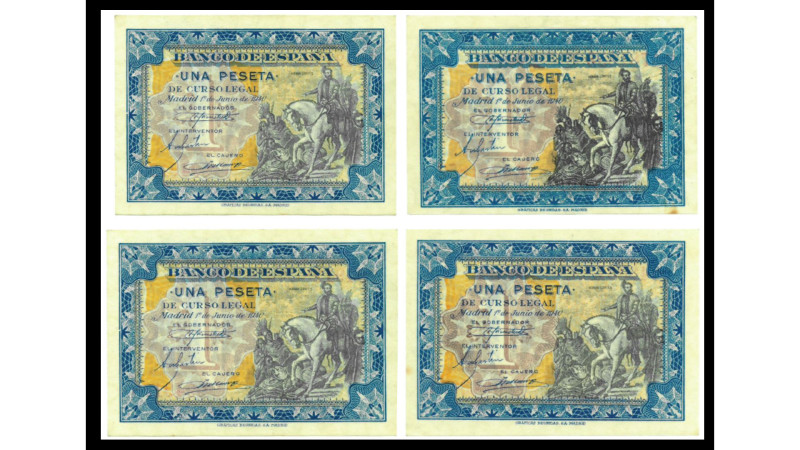 BILLETES. BANCO DE ESPAÑA. Lote de 4 billetes de 1 pta.: 1 de junio de1940. 1 co...