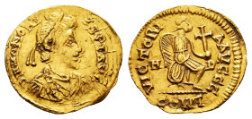 Pseudo-imperial coinage. In the name of Honorius. Tremissis. ¿Mediolanum?. (Tomasini-No cita). Anv.: DN HONORIVS PF AVG. pearl-diademed, draped and cu...
