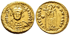Pseudo-imperial coinage. In the name of Justinianus I. Solidus. 511-531 AD. Uncertain mint. Inverted mint, probably Narbonne. Period of Agila or Athan...