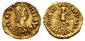 Pseudo-imperial coinage. In the name of Anastasius. Tremissis. (Tomasini-Group A3, 72 var). Anv.: ϽИAИASTA···ISPPAVC. Diademed bust with mantle and cr...