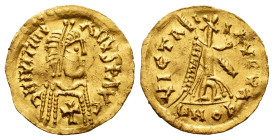 Pseudo-imperial coinage. In the name of Justinianus I. Tremissis. (Tomasini-JAN 2). (R. Pliego-No cita). Anv.: ϽIIIVITIИI-ANVSPAVC. Diademed, draped b...