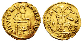 Pseudo-imperial coinage. In the name of Justinianus I. Tremissis. (Tomasini-JI3, 213). (R. Pliego-Unlisted). Anv.: PN IVSTNI-IAN PP AVG. Diademed, dra...