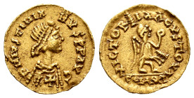 Pseudo-imperial coinage. In the name of Justinianus I. Tremissis. (Tomasini-JAN IIb, ¿404?). (R. Pliego-Unlisted). Anv.: PN IVSTINIA-NVS PP AVG. Diade...