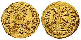 Leovigildus (569-586) or Hermenegildus (579-584). Tremissis. ¿Toledo?. (Tomasini-Group C2, 560 var). Anv.: ϽVRRVAN**ИTAVЯЯVC. Diademed bust with mantl...