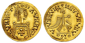 Leovigildus (569-586) or Hermenegildus (579-584). Tremissis. ¿Toledo?. (Tomasini-Group C, 577 var). Anv.: CVRRTII+IIAVЯЯVϽ. Diademed bust with mantle ...