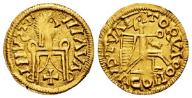 Leovigildus (569-586). In the name of Justinus II. Tremissis. (Tomasini-JII5, 520). (R. Pliego-Unlisted). Anv.: IIIVƧTII-IIIAVA. Diademed, draped bust...