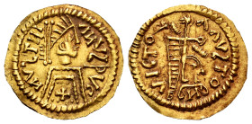 Leovigildus (569-586). In the name of Justinianus I. Tremissis. (Tomasini-JAN 5, nº 344 var). (R. Pliego-Unlisted). Anv.: ИVƧTИI-AИVƧPVC. Diademed, dr...