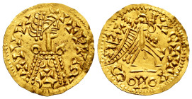 Leovigildus (569-586). Tremissis. Without mint mark. (Cnv-24). (R. Pliego-11b). Anv.: XIVVI - CI+DVI(letter S horizontal). Diademed bust with mantle a...