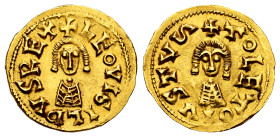 Leovigildus (569-586). Tremissis. Toleto (Toledo). (Cnv-41). (R. Pliego-43c). Anv.: +LEOVIGILDVSRE+. Rev.: +TOLEDOIVSTV(Letter S horizontal). Au. 1,52...