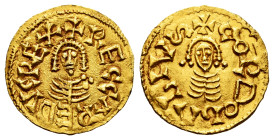 Recaredus I (586-601). Tremissis. Córdoba. (Cnv-66.8 var.). (R. Pliego-10b2 var.). Anv.: +RECCAREDVSREX. Rev.: +CORDObAbIV(Letter S horizontal). Au. 1...