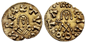 Tulga (639-642). Tremissis. Caesaraugusta (Zaragoza). (Cnv-Unlisted). (R. Pliego-507c, Plate coin). Anv.: +TVLG•AИREx. Rev.: +CE:AR:C•O:TA⠉. Au. 1,14 ...