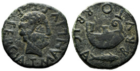 Brutobriga. Unit. 100-50 BC. Santarem and Abrantes (Portugal). (Abh-296). (Acip-2482). (C-1). Anv.: T. MANLIVS. T. F. SERGIA. Male head right. Rev.: S...