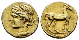 Hispanic-Carthaginian Coinage. 3/8 electron stater. 235-220 BC. Cartagonova. (Abh-477). (Acip-572). Anv.: Head of Tanit left. Rev.: Horse walking righ...