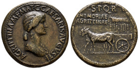 Agrippina I. Sestertius. 37-41 AD. Rome. (Ric-I 55). (Bmcre-81/85). Anv.: AGRIPPINA M F MAT C CAESARIS AVGVSTI, draped bust to right. Rev.: Carpentum,...