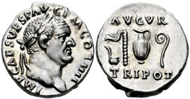 Vespasian. Denarius. 72-73 AD. Rome. (Ric-II 356). (Bmcre-64). (Rsc-45). Anv.: IMP CAES VESP AVG P M COS IIII, laureate head to right. Rev.: AVGVR TRI...