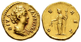 Diva Faustina. Aureus. 146-161 AD. Rome. (Ric-III 378). (Calicó-1772a). (Bmcre-459). Anv.: DIVA FAVSTINA, draped bust right, wearing hair bound in pea...