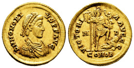 Honorius. Solidus. 394-395 AD. Mediolanum. (Ric-IX 35c = X 1206a). (Depeyrot-16/2). Anv.: D N HONORIVS P F AVG, pearl-diademed, draped and cuirassed b...