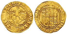 Catholic Kings (1474-1504). 1 excelente. Sevilla. (Cal-653). (Tauler-88 var. legend). Anv.: FERNANDVS : E : ELISABET · DE. Rev.: QVOS DEVS CONGVNXIT. ...