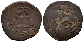 Charles I (1516-1556). 4 maravedis. Santo Domingo. S-P/F. (Cal-48 var.). Ae. 4,09 g. Unusual style with narrow castle and F behind the lion. Very rare...
