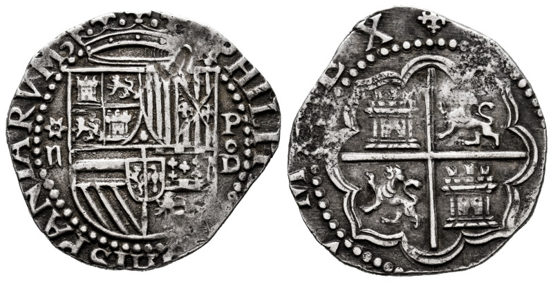 Philip II (1556-1598). 2 reales. ND (1577-1588). Lima. D. (Cal-498). Ag. 6,76 g....