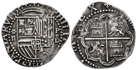 Philip II (1556-1598). 2 reales. ND (1577-1588). Lima. D. (Cal-498). Ag. 6,76 g. Shield delimited by value II surpassed by a starry roundel with a pel...