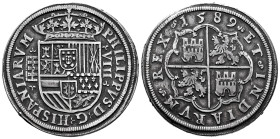 Philip II (1556-1598). 8 reales. 1589. Segovia. (Cal-702). (Jarabo-Sanahuja-A434, plate coin). Ag. 26,67 g. Aqueduct with 4 rows of 2 arches. Frame de...