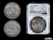 Philip II (1556-1598). 8 reales. 1598. Segovia. (Cal-719). (Jarabo-Sanahuja-A482). Ag. 26,92 g. OMNIVM type. Aqueduct with two rows of ive arches. Sli...